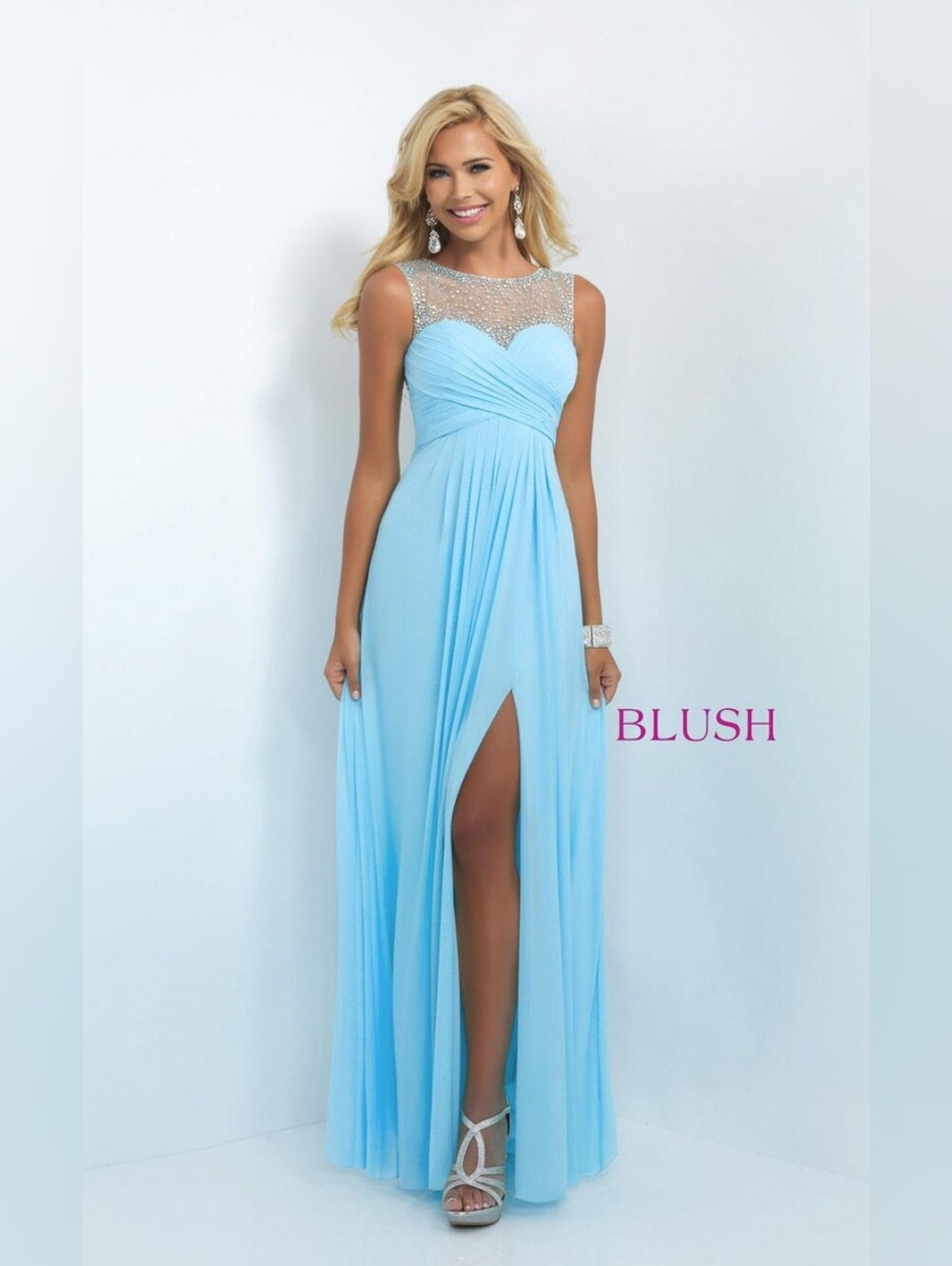 Blush Prom Pale Blue Beaded Illusion Neck Evening Gown